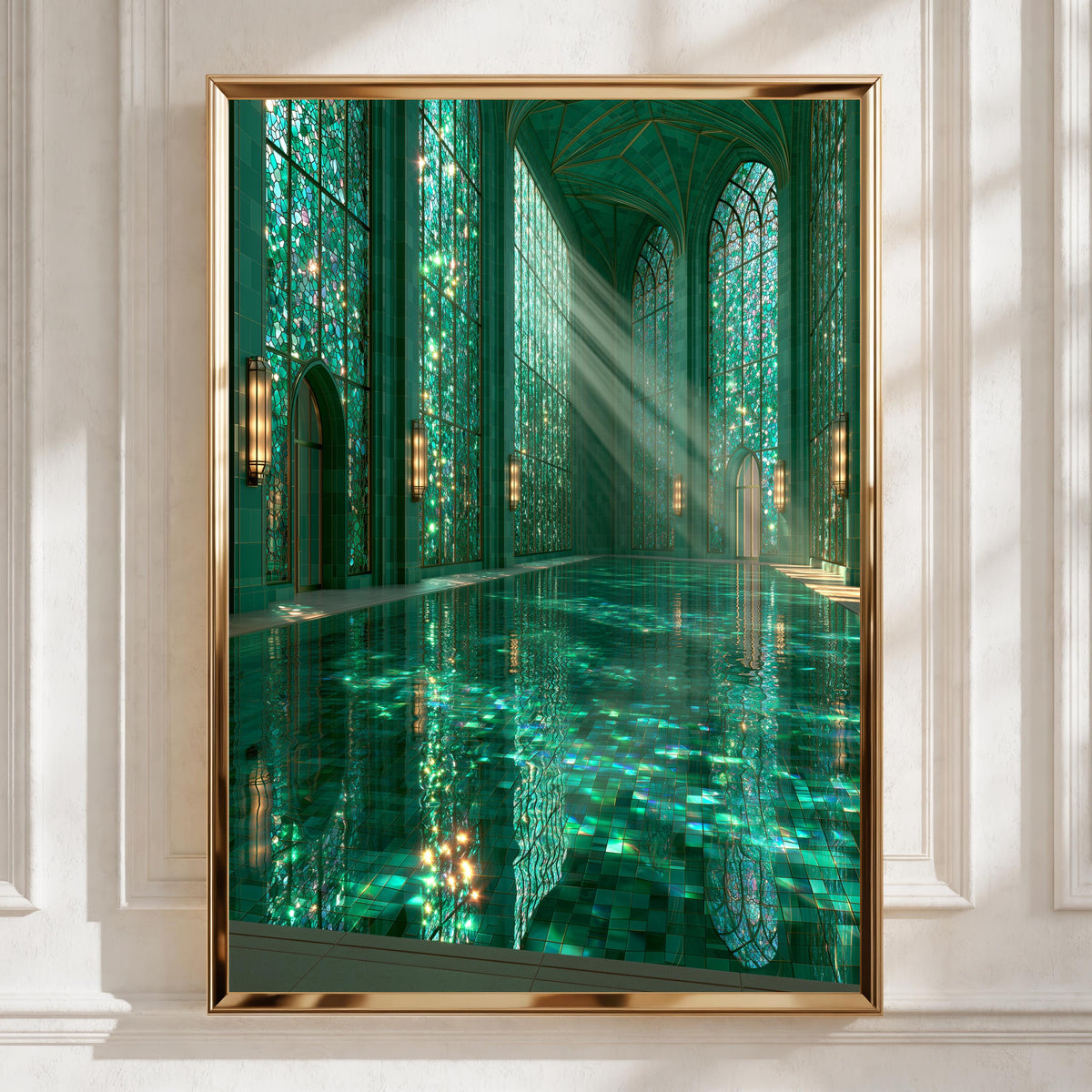 Emerald Bath Pool Poster, Gothic Stained Glass Interior, Teal Architecture Print