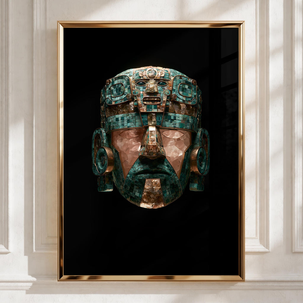 Aztec Ceremonial Mask Poster, Turquoise Green Ancient Art Print