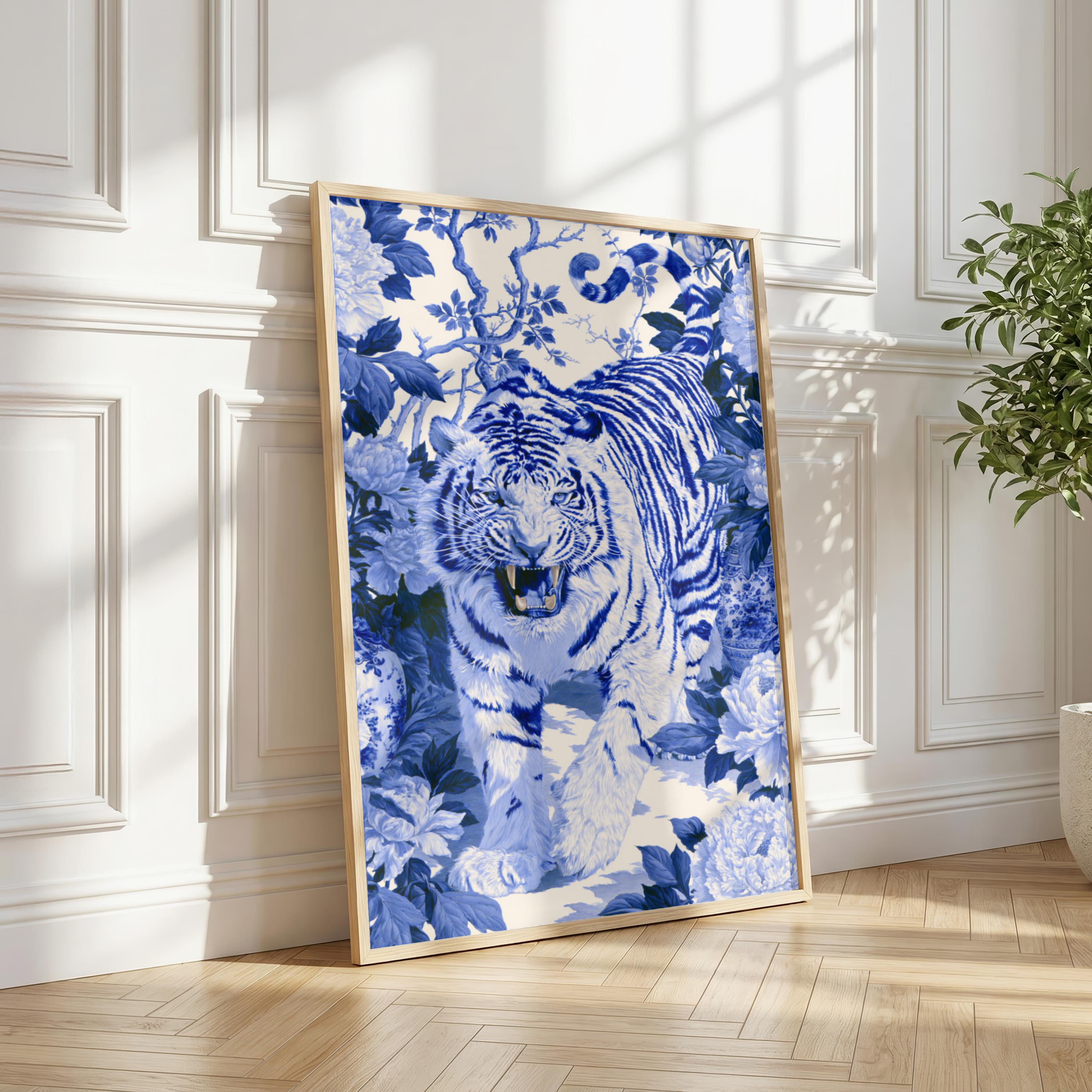 Blue Tiger Wall Art, Chinoiserie Animal Print, Botanical Illustration, Blue White Decor