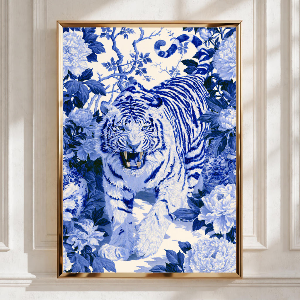 Blue Tiger Wall Art, Chinoiserie Animal Print, Botanical Illustration, Blue White Decor