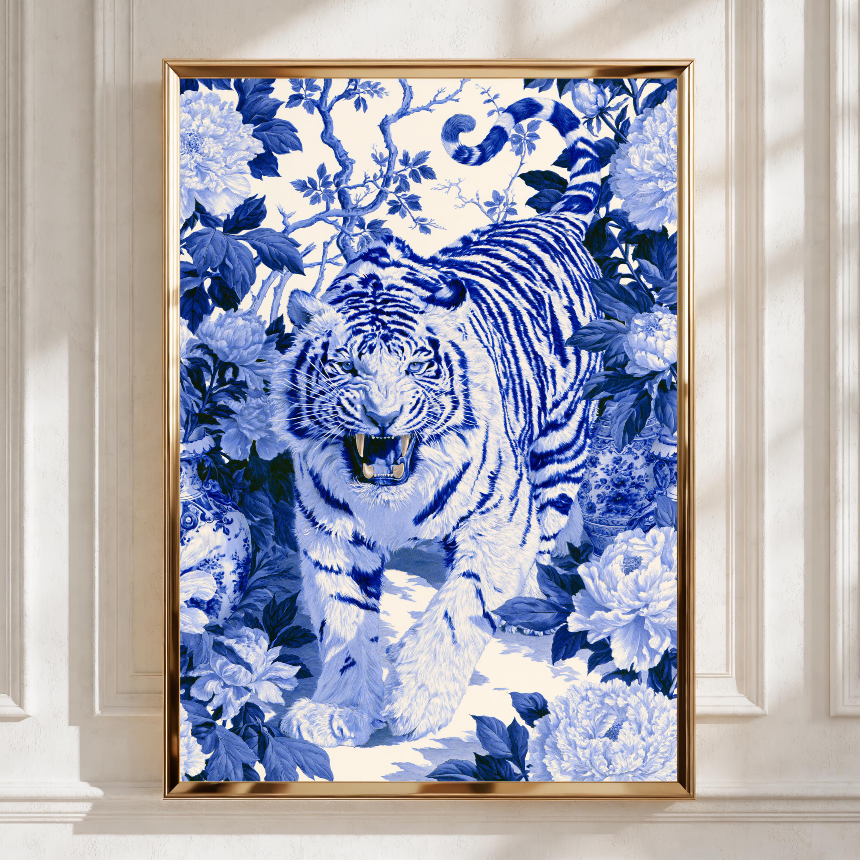 Blue Tiger Wall Art, Chinoiserie Animal Print, Botanical Illustration, Blue White Decor