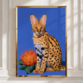Serval Cat Protea Flower Poster, Bold Blue Wildlife Wall Art Print