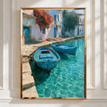 Greek Fishing Harbour Poster, Blue Boats Turquoise Water, Mediterranean Wall Art
