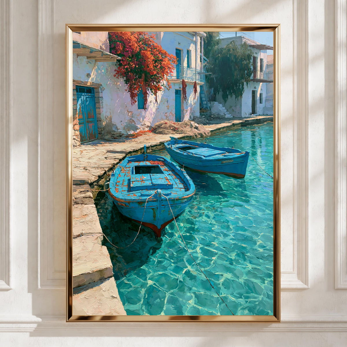 Greek Fishing Harbour Poster, Blue Boats Turquoise Water, Mediterranean Wall Art