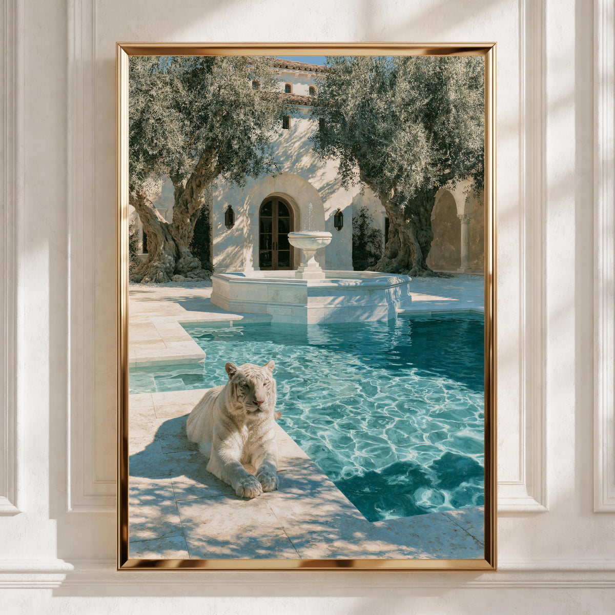 White Tiger by Marble Pool, Mediterranean Villa Poster, Luxury Art Print