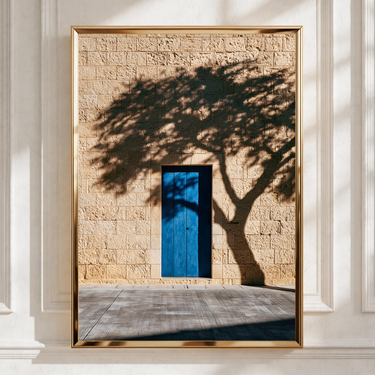 Blue Door Tree Shadow Stone Wall Poster, Mediterranean Architecture Print