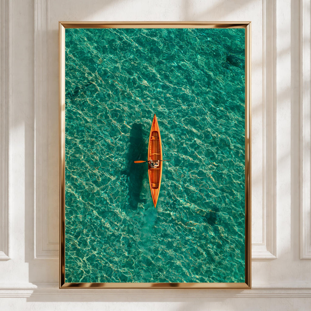 Orange Canoe Kayak Aerial View, Teal Ocean Wall Art Poster, Minimalist