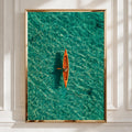 Orange Canoe Kayak Aerial View, Teal Ocean Wall Art Poster, Minimalist