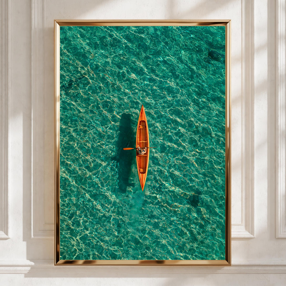 Orange Canoe Kayak Aerial View, Teal Ocean Wall Art Poster, Minimalist