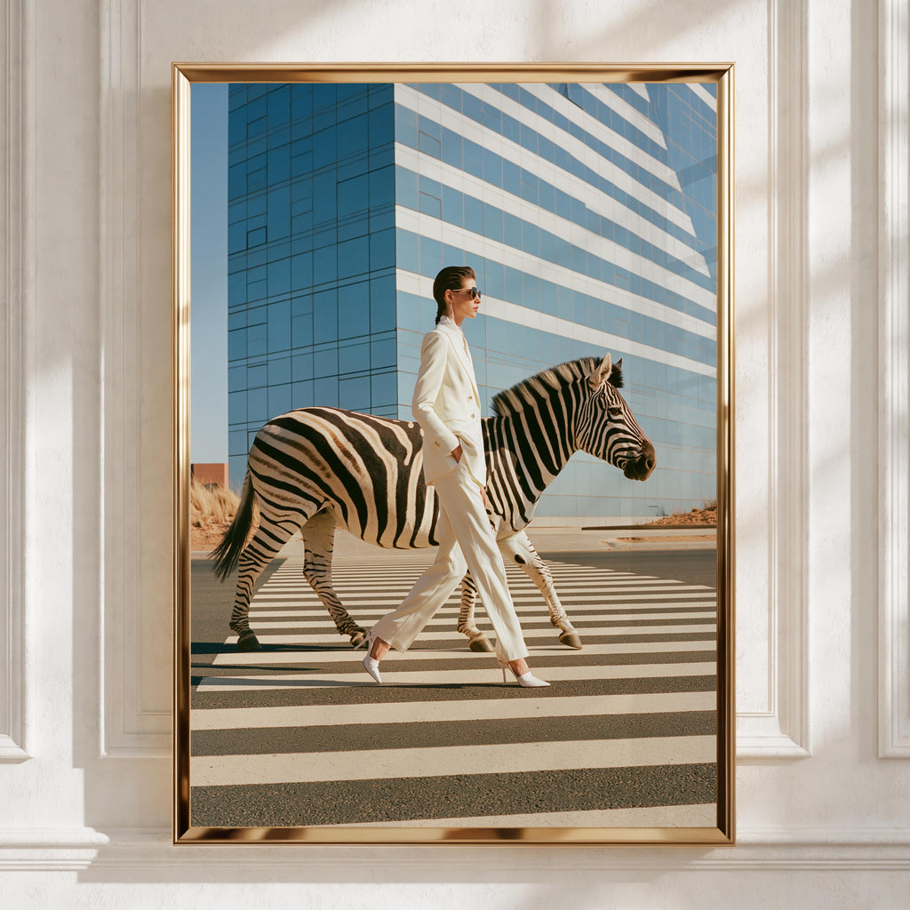 Woman & Zebra Crossing Street, Surreal Fashion Wall Art Poster