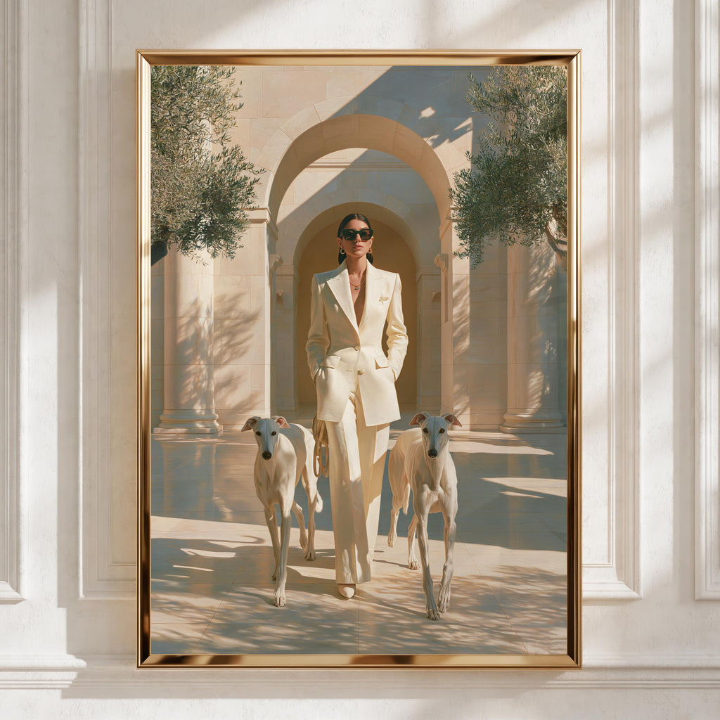 Woman with Greyhounds Poster, Elegant Hounds Art Print, Cream Minimalist Style