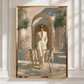 Woman with Greyhounds Poster, Elegant Hounds Art Print, Cream Minimalist Style