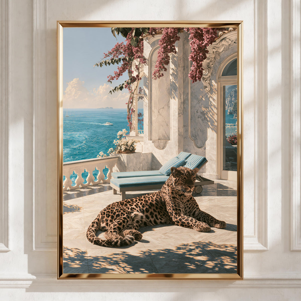 Jaguar on Mediterranean Terrace Poster, Luxury Villa Sea View Art Print