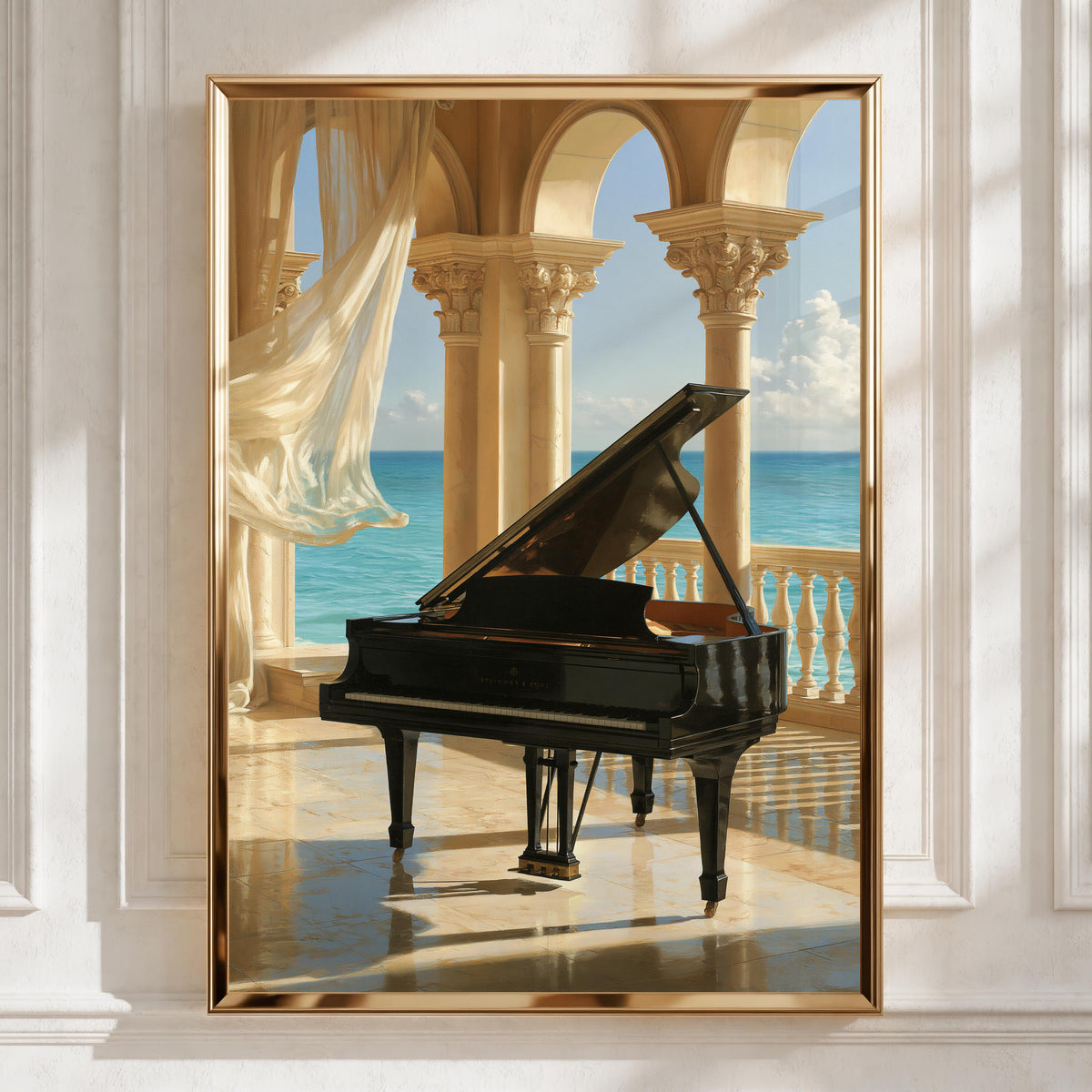 Grand Piano Ocean View Poster, Classical Arches Wall Art, Elegant Music Print