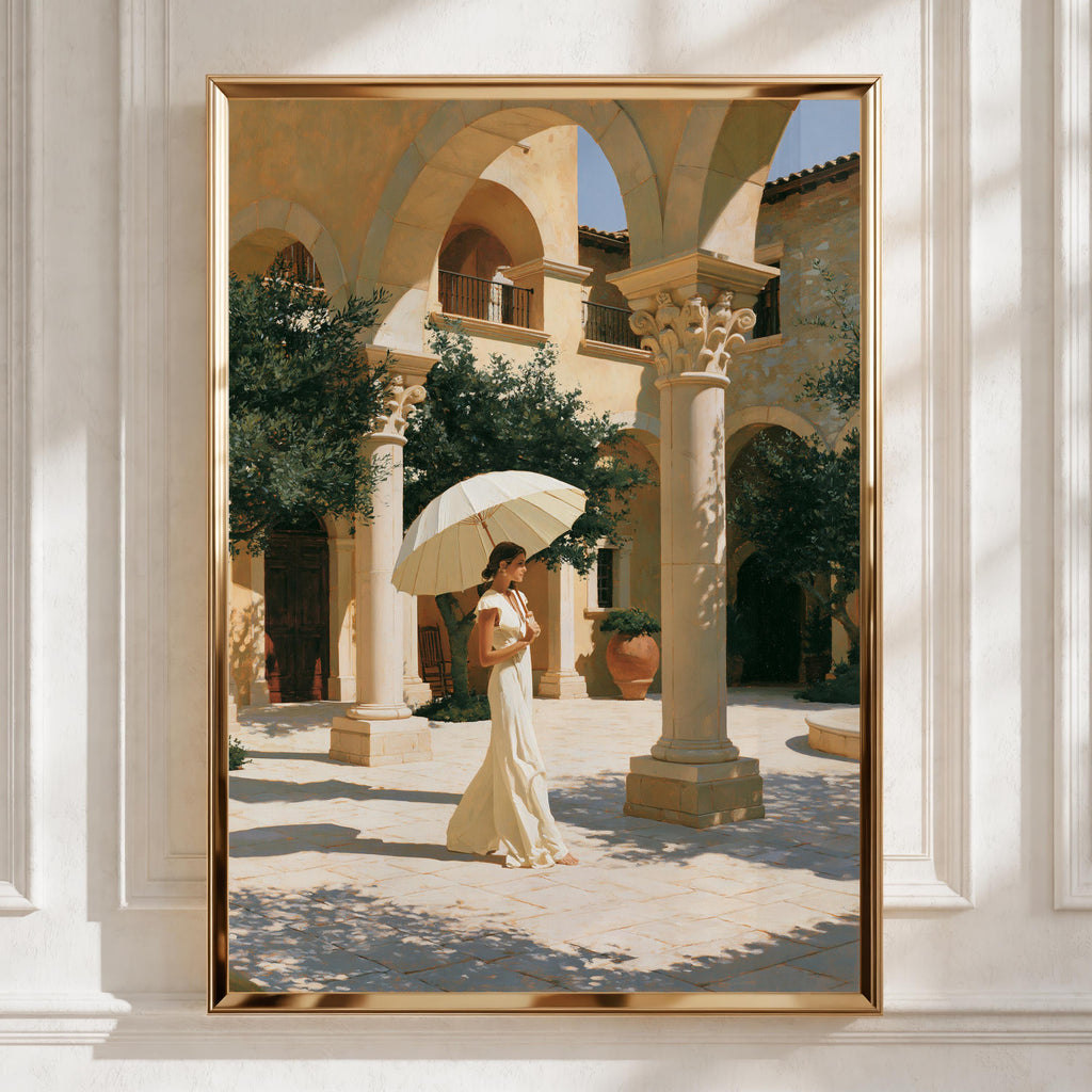 Woman Umbrella Courtyard Wall Art Poster, Mediterranean Figurative Print