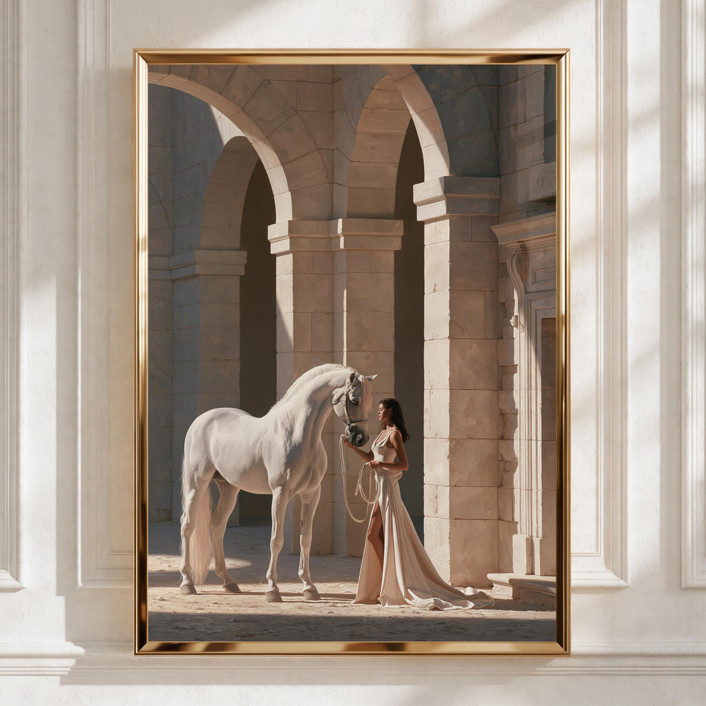 White Horse Woman Arches Poster, Elegant Stone Colonnade Wall Art Print