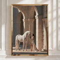 White Horse Woman Arches Poster, Elegant Stone Colonnade Wall Art Print