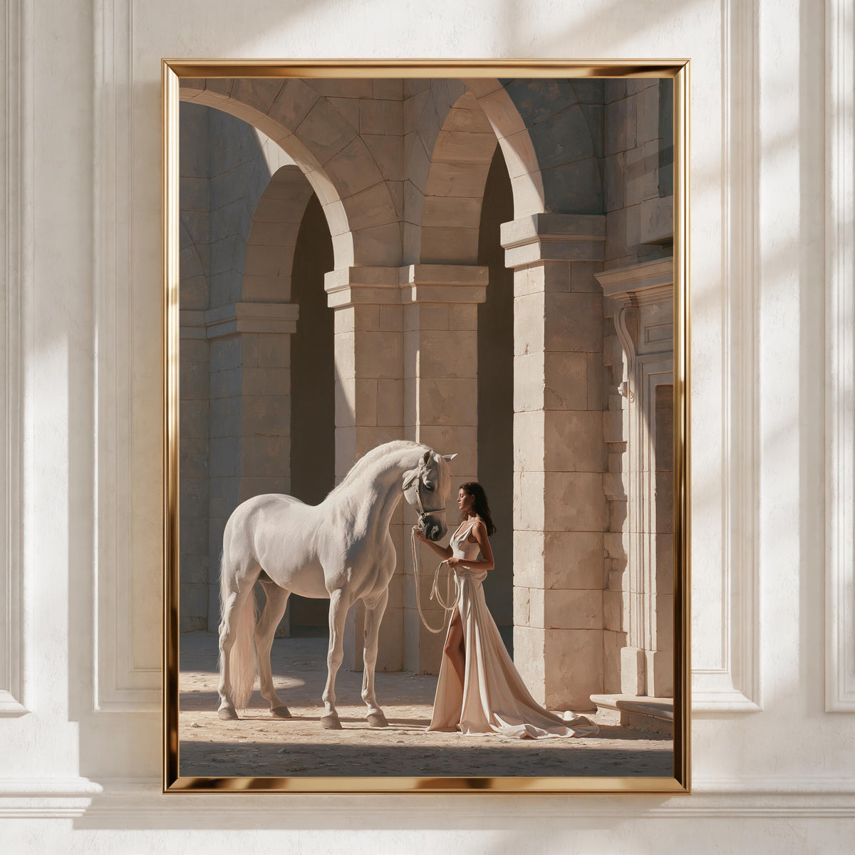 White Horse Woman Arches Poster, Elegant Stone Colonnade Wall Art Print