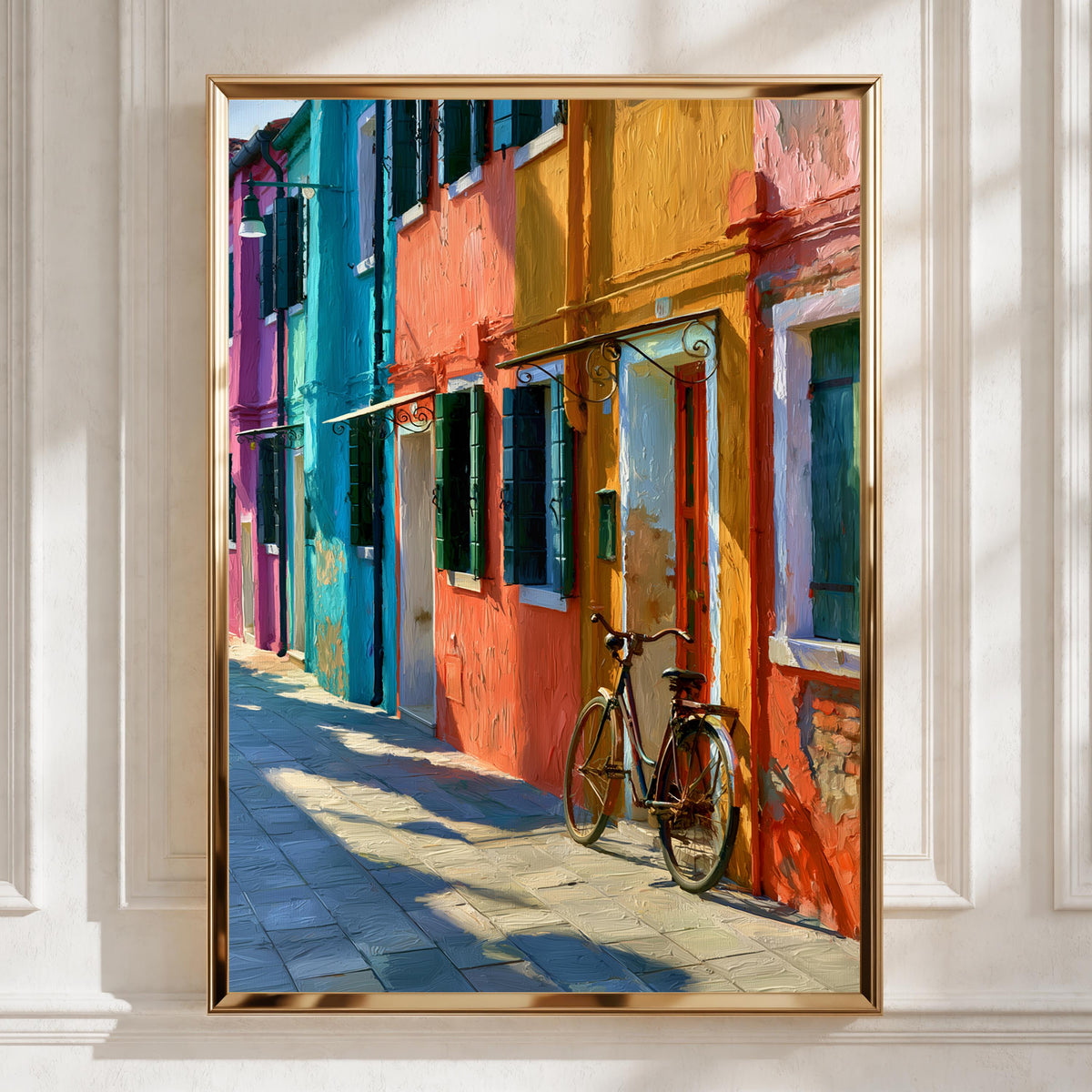 Burano Street Wall Art Poster, Colourful Italy Print, Oil Painting Style