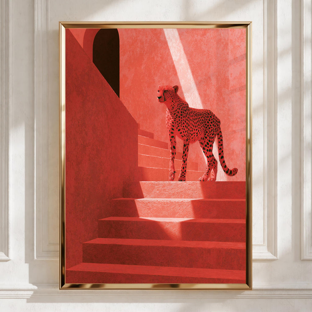 Cheetah on Red Stairs Wall Art, Modern Animal Print, Minimalist Home Decor
