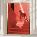 Cheetah on Red Stairs Wall Art, Modern Animal Print, Minimalist Home Decor