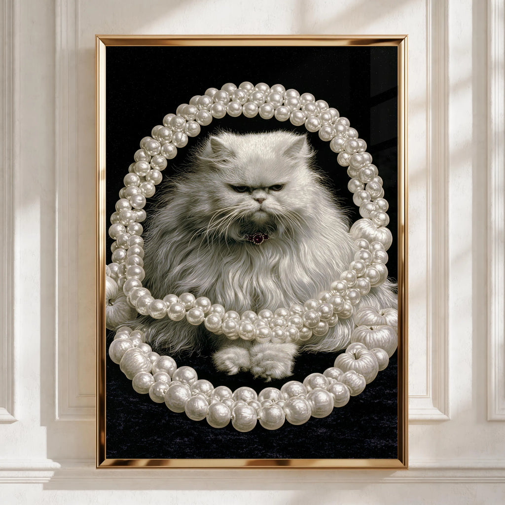 Persian Cat with Pearls Wall Art, Elegant Home Decor, Unique Cat Portrait, Pet Lover Gift
