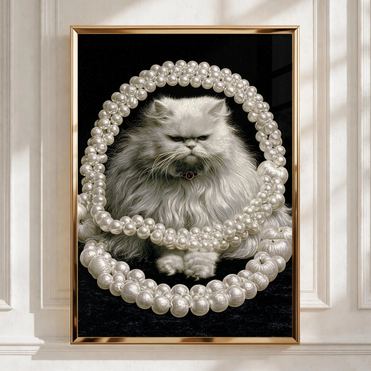 Persian Cat with Pearls Wall Art, Elegant Home Decor, Unique Cat Portrait, Pet Lover Gift