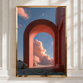 Vibrant Red Archway, Surreal Cloudy Sky, Modern Art Print, Minimalist Decor