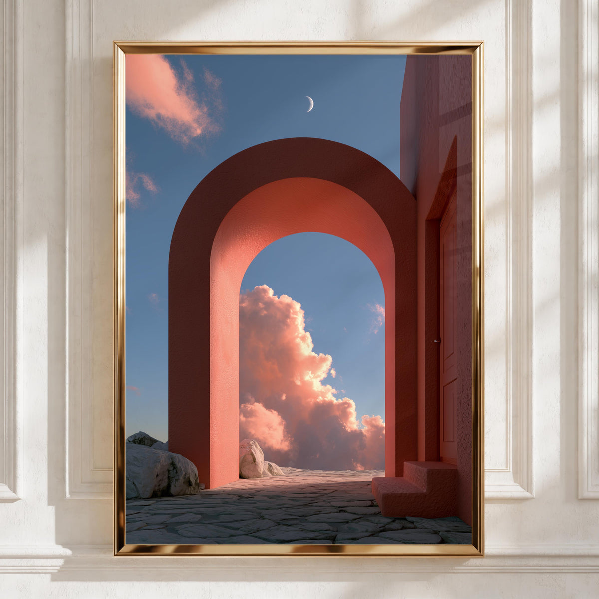 Vibrant Red Archway, Surreal Cloudy Sky, Modern Art Print, Minimalist Decor
