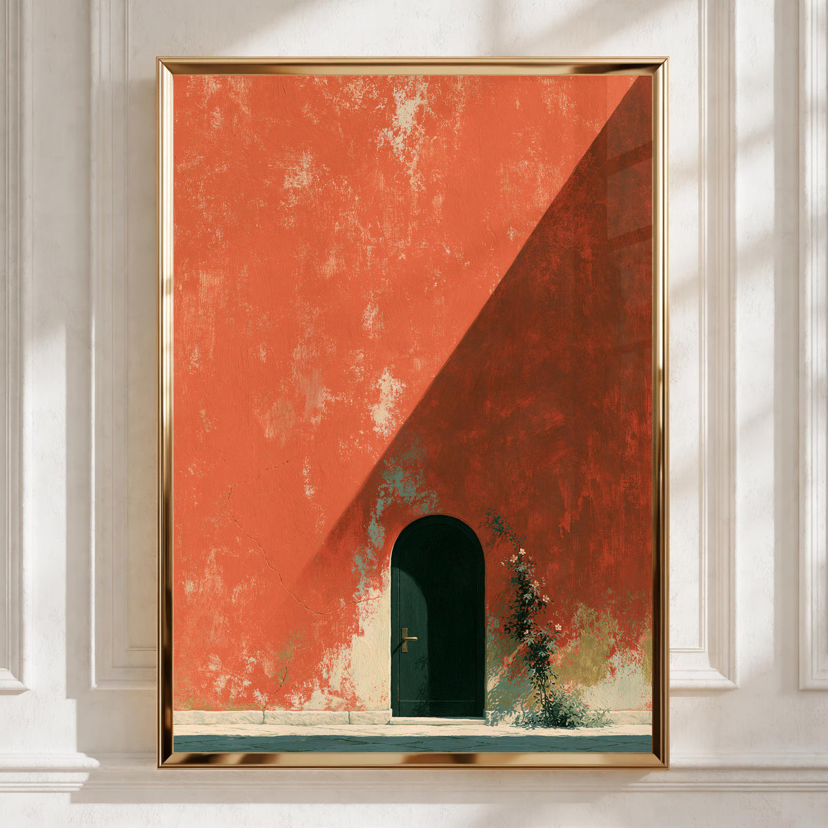 Charming House Entrance, Printable Wall Art, Rustic Home Decor, Minimalist Style, Orange Wall, Floral Accent