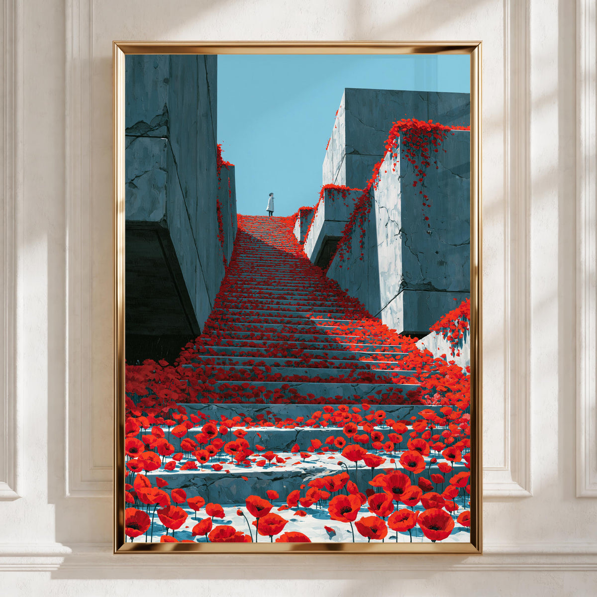 Stairs with Poppies, Abstract Wall Art Print, Modern Minimalist Decor, Colourful Floral