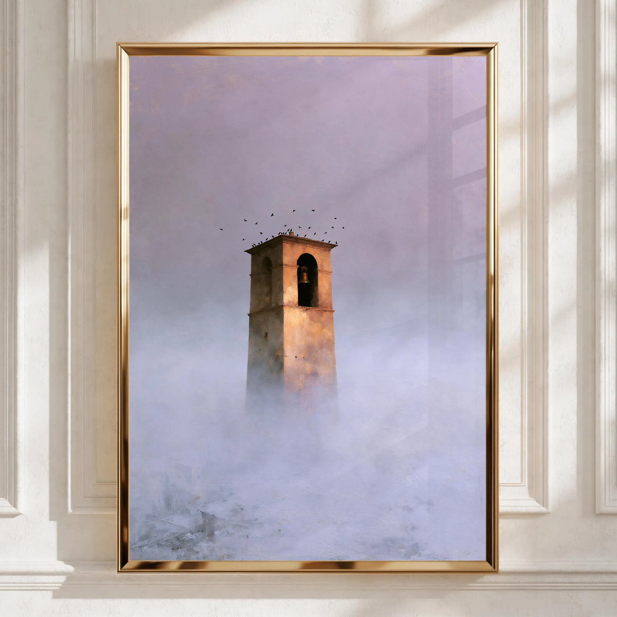 Belltower in Fog, Landscape Art Print, Atmospheric Wall Decor, Minimalist Decor, Serene Home Artwork