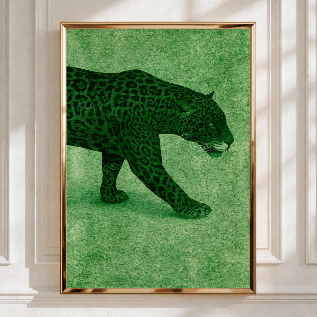 Jaguar Wall Art Poster, Green Big Cat Print, Wild Animal Illustration