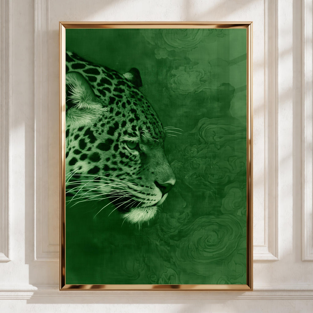 Jaguar Portrait Poster, Green Wild Cat Wall Art, Modern Animal Print