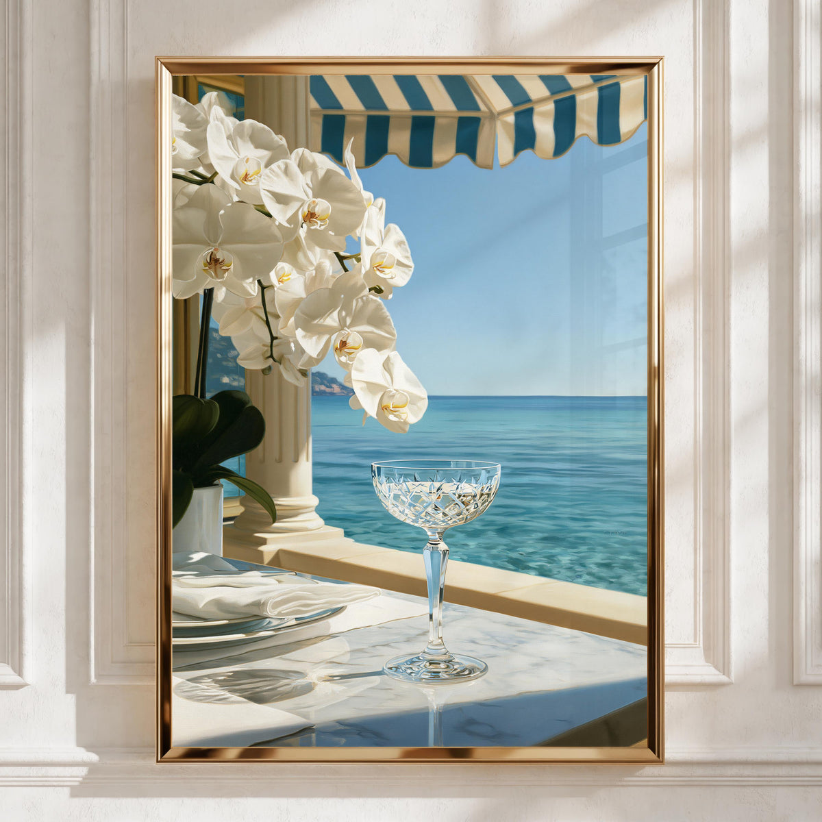 Orchid Beach Terrace Poster, Crystal Glass Ocean View, Coastal Luxury Wall Art