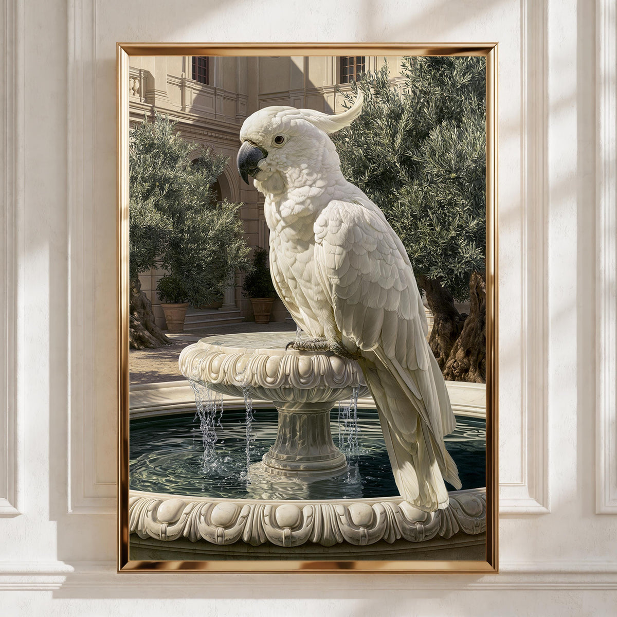 White Cockatoo on Marble Fountain Poster, Classical Courtyard Bird Wall Art