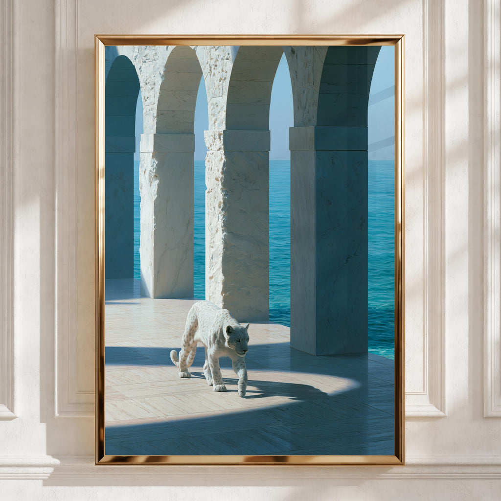 White Leopard Marble Arches Ocean Wall Art Poster, Surreal Coastal Print