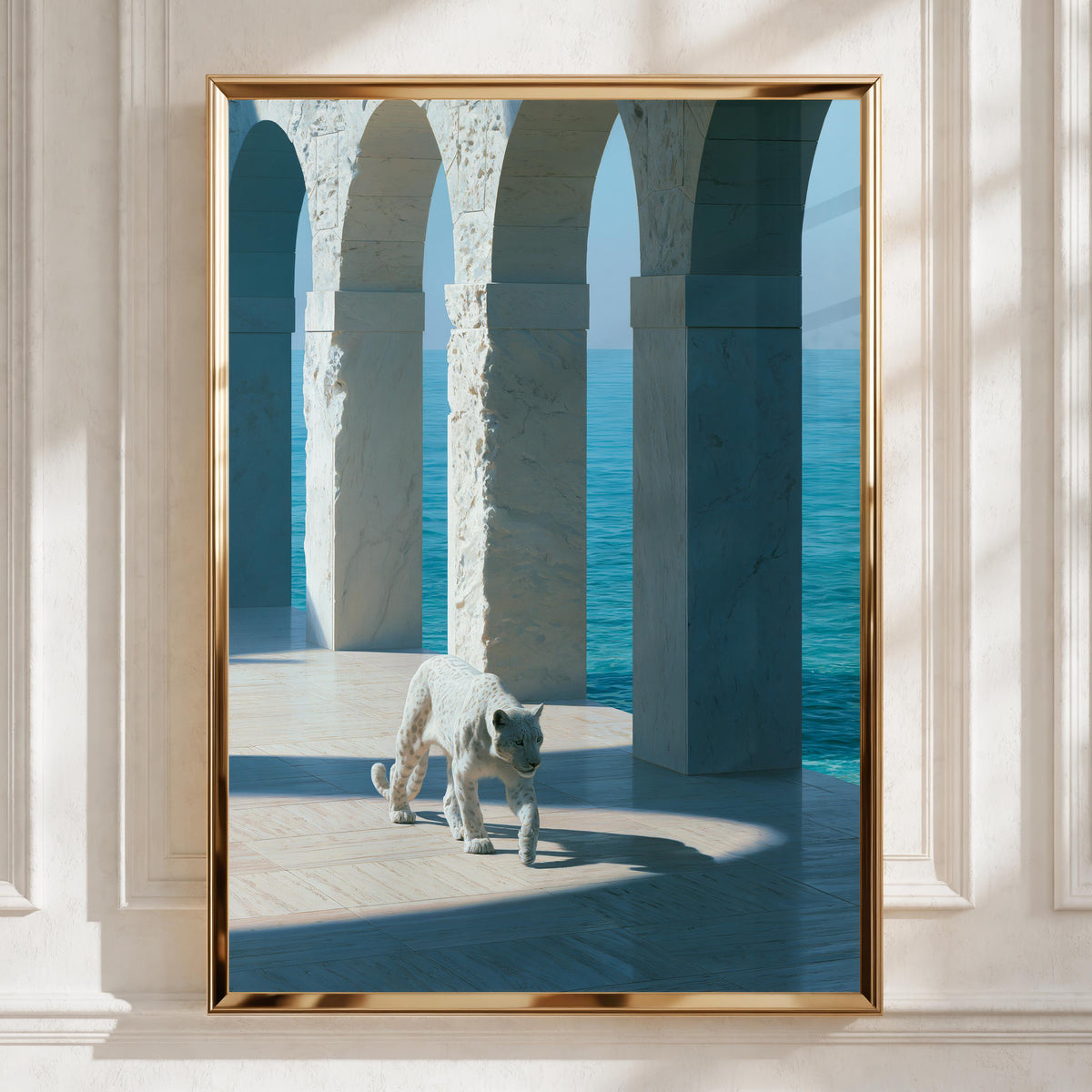 White Leopard Marble Arches Ocean Wall Art Poster, Surreal Coastal Print
