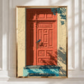 Coral Mediterranean Door with Bird, Wall Art Poster, Illustrated Style
