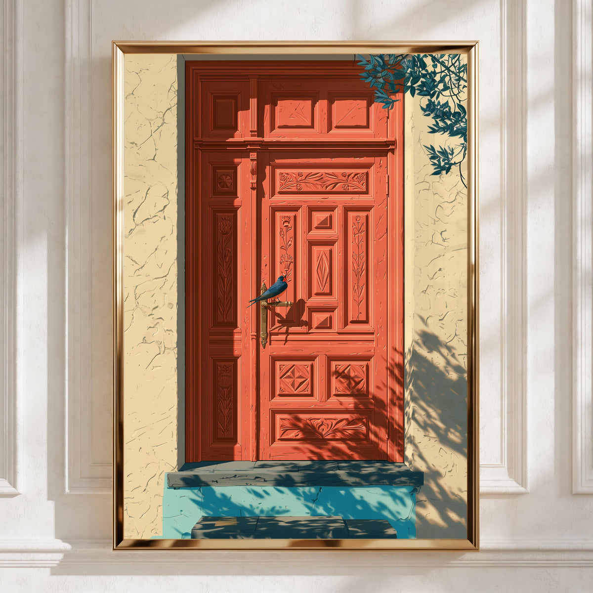 Coral Mediterranean Door with Bird, Wall Art Poster, Illustrated Style