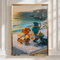Greek Sea Breakfast Still Life Poster, Mediterranean Marble Terrace Wall Art
