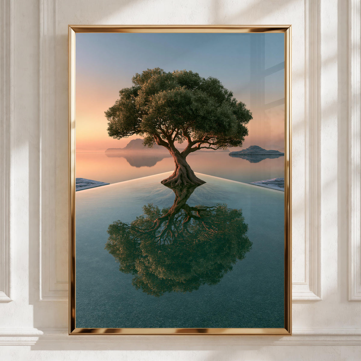 Olive Tree Reflection Pool Poster, Sunset Seascape, Minimalist Nature Print