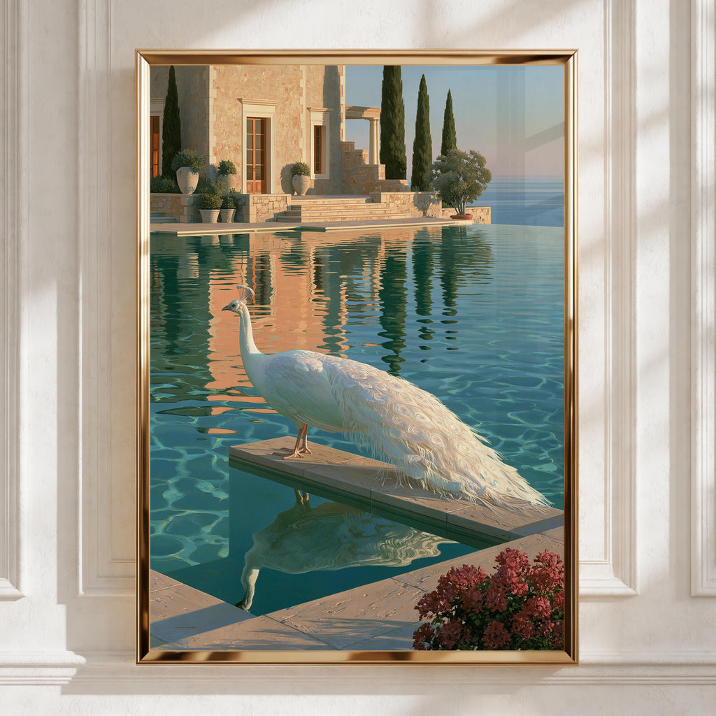 White Peacock by Infinity Pool, Mediterranean Villa Art Print, Realist Style