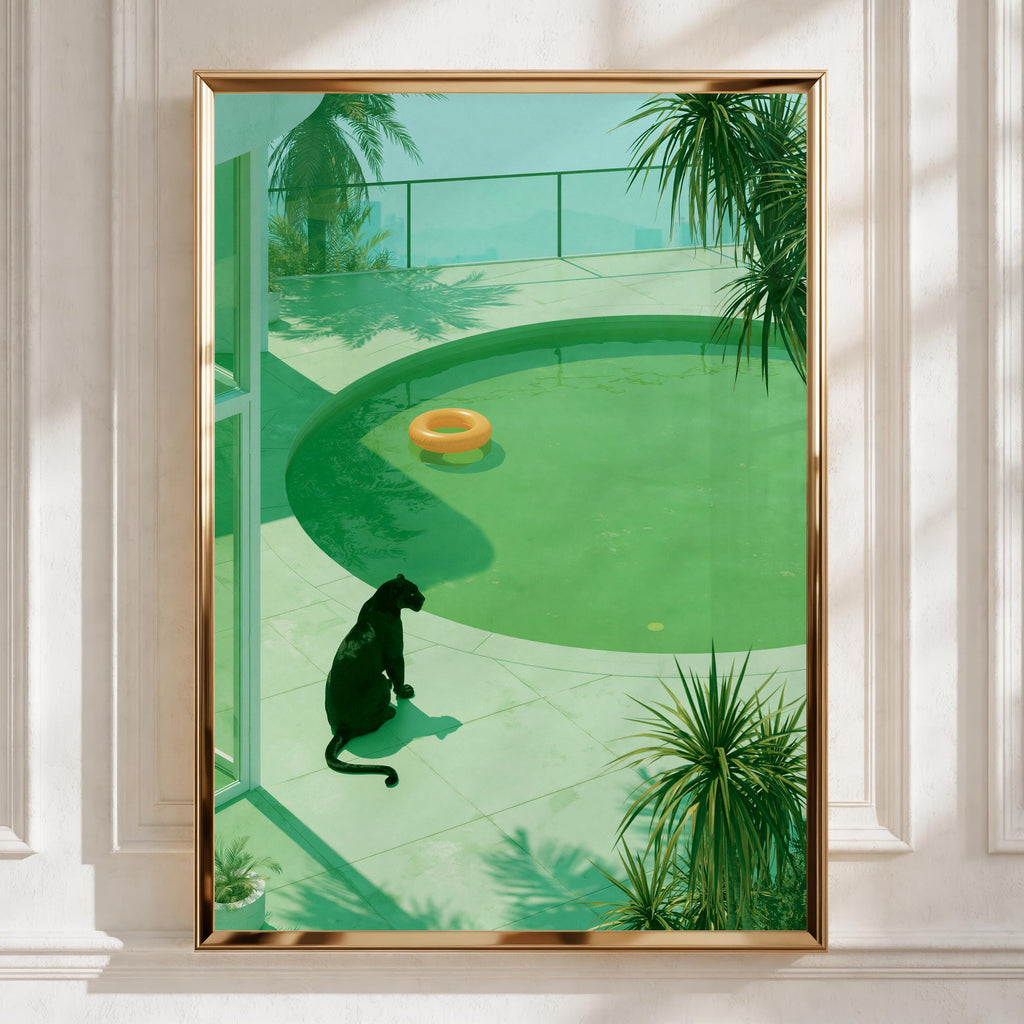 Black Panther by Pool Print, Green Tropical Art Poster, Modern Wildlife