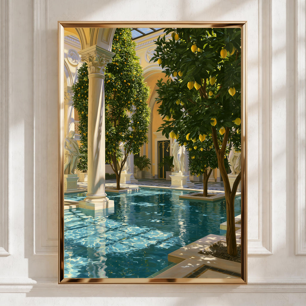Lemon Tree Pool Courtyard Poster, Classical Architecture, Mediterranean Art Print