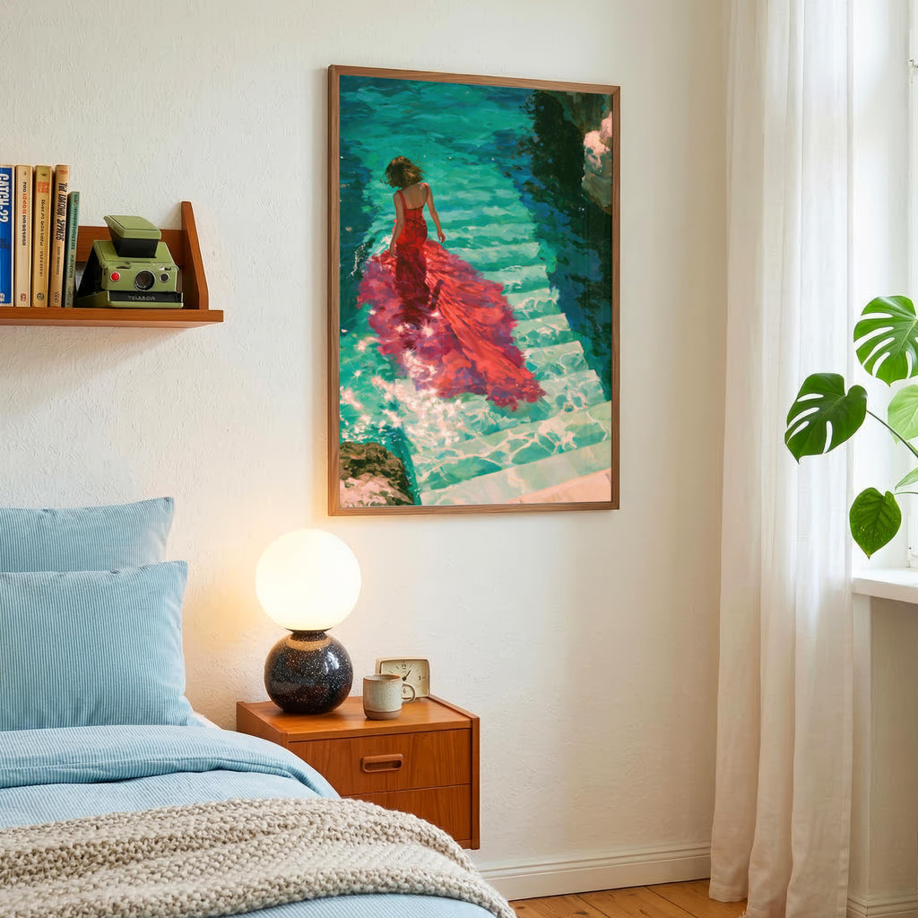 Woman Red Dress Water Steps Poster, Figurative Wall Art, Teal Oil Painting Print