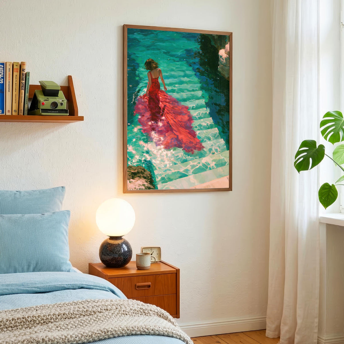 Woman Red Dress Water Steps Poster, Figurative Wall Art, Teal Oil Painting Print