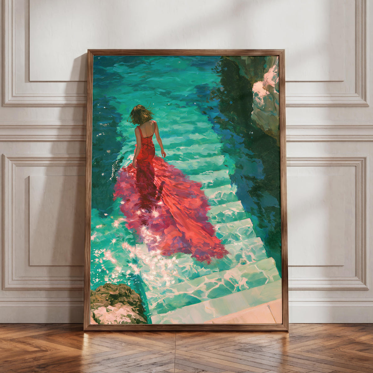 Woman Red Dress Water Steps Poster, Figurative Wall Art, Teal Oil Painting Print