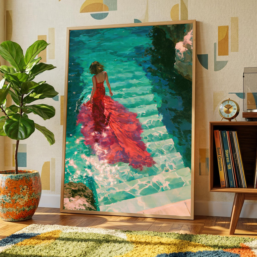 Woman Red Dress Water Steps Poster, Figurative Wall Art, Teal Oil Painting Print