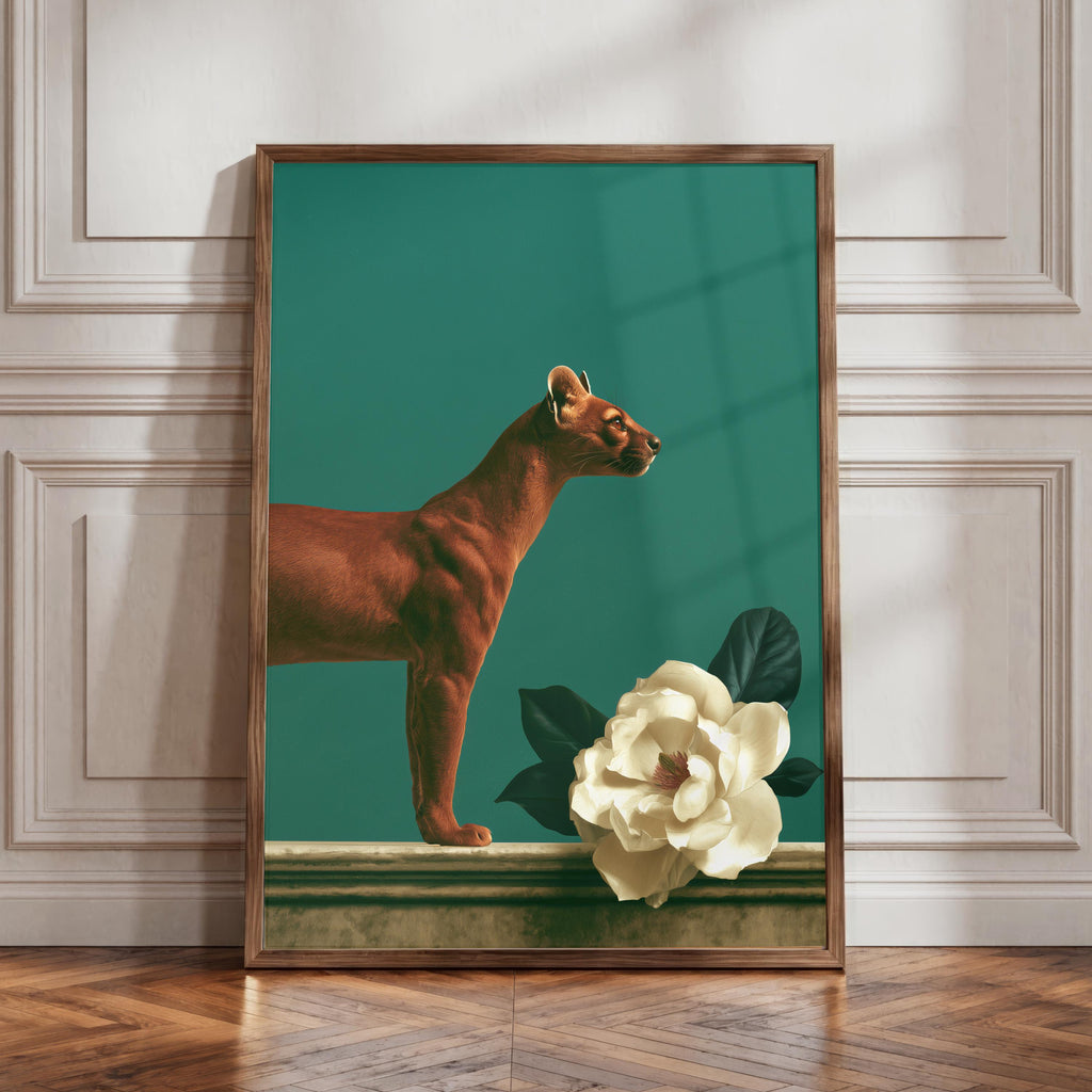 Fossa & Magnolia Poster, Dark Green Animal Wall Art, Botanical Print